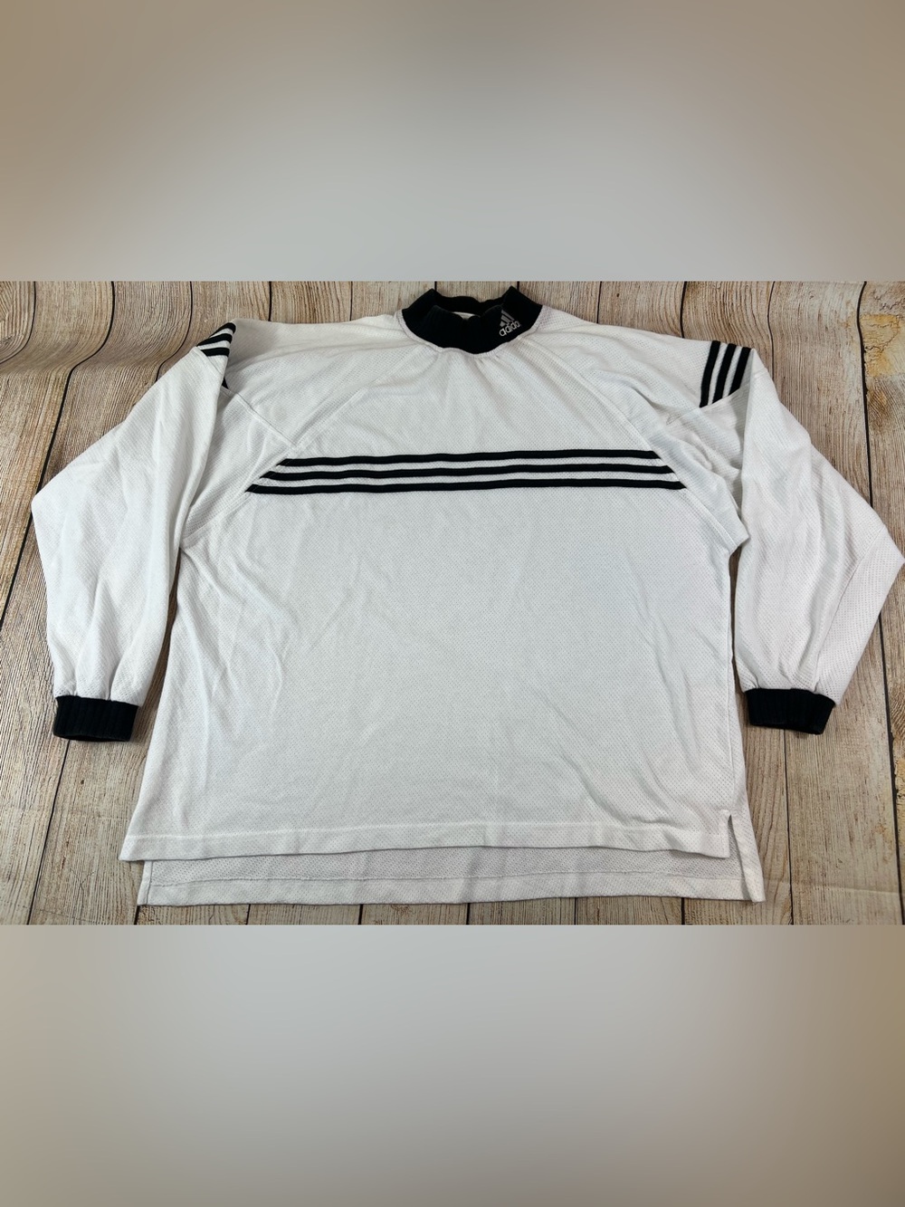 Vintage Adidas Longsleeve White Black 3 Stripe Long Sleeve Mesh Shirt Size XL